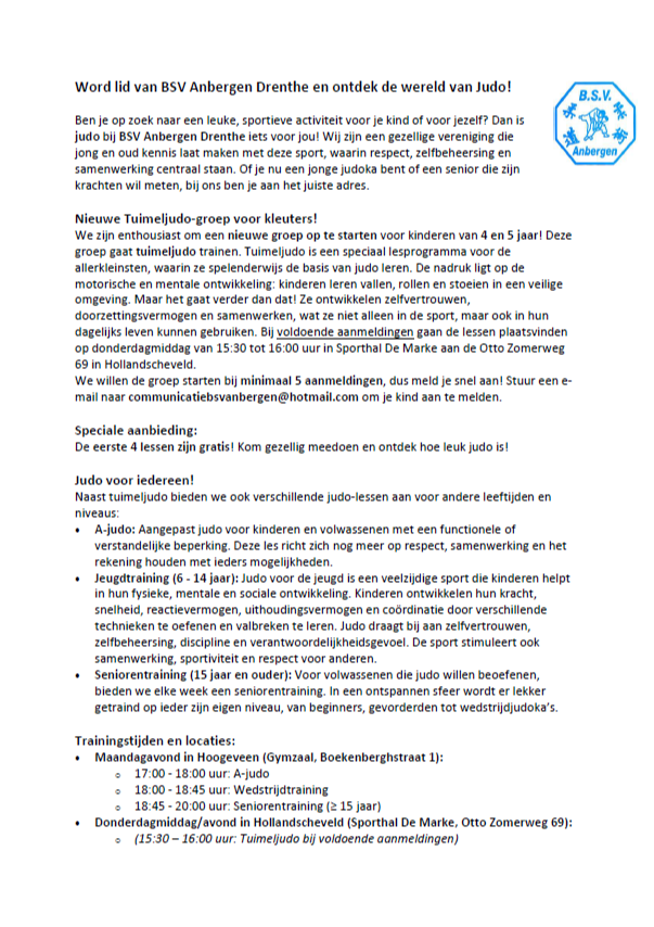Word lid van BSV Anbergen Drenthe en ontdek de wereld van Judo